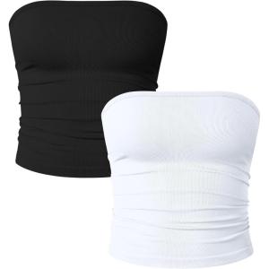 imageOQQ Womens 2 Piece Tube Tops Strapless Basic Sleeveless Stretch ClassicFit Shirts Sexy Crop TopsBlack white