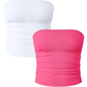 imageOQQ Womens 2 Piece Tube Tops Strapless Basic Sleeveless Stretch ClassicFit Shirts Sexy Crop TopsFluorescent Pink B white