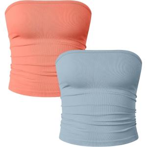 imageOQQ Womens 2 Piece Tube Tops Strapless Basic Sleeveless Stretch ClassicFit Shirts Sexy Crop TopsHaze Blue coralorange