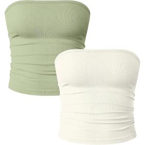 imageOQQ Womens 2 Piece Tube Tops Strapless Basic Sleeveless Stretch ClassicFit Shirts Sexy Crop TopsPea Green beige