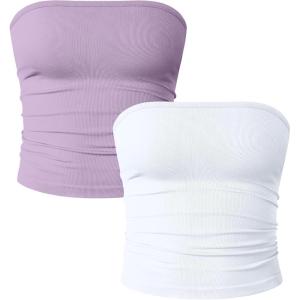 imageOQQ Womens 2 Piece Tube Tops Strapless Basic Sleeveless Stretch ClassicFit Shirts Sexy Crop TopsTaro Purple white