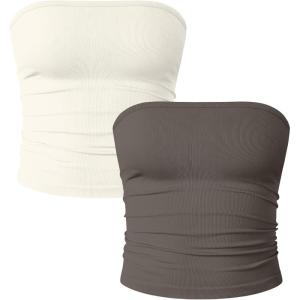 imageOQQ Womens 2 Piece Tube Tops Strapless Basic Sleeveless Stretch ClassicFit Shirts Sexy Crop TopsTea Leaf beige