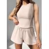 imageOQQ Two Piece Sets for Women Summer Outfits Lounge Sets Crew Neck Tops Wide Leg Shorts Vacation TravelApricot