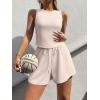imageOQQ Two Piece Sets for Women Summer Outfits Lounge Sets Crew Neck Tops Wide Leg Shorts Vacation TravelApricot