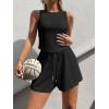 imageOQQ Two Piece Sets for Women Summer Outfits Lounge Sets Crew Neck Tops Wide Leg Shorts Vacation TravelBlack