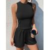 imageOQQ Two Piece Sets for Women Summer Outfits Lounge Sets Crew Neck Tops Wide Leg Shorts Vacation TravelBlack