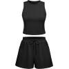 imageOQQ Two Piece Sets for Women Summer Outfits Lounge Sets Crew Neck Tops Wide Leg Shorts Vacation TravelBlack
