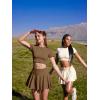 imageOQQ Women Mini Skirts 2 in 1 Flowy Basic Versatile Stretchy Flared Casual Aline Skirt with PocketsCoffee