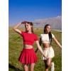 imageOQQ Women Mini Skirts 2 in 1 Flowy Basic Versatile Stretchy Flared Casual Aline Skirt with PocketsRed