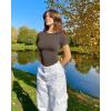 imageOQQ Women Short Sleeve Crewneck Fit Shirts Basic Tee Tops 2025 Casual TShirt Going Out Workout OutfitsTea Leaf