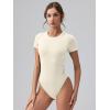imageOQQ Womens Crew Neck Short Sleeve Bodysuit Ruched Stretch Vacation Basic for Tops Spring ampamp SummerBeige