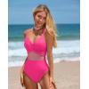 imageOQQ Womens One Piece Swimsuits Hollow Out High Waisted Bathing Suit Mesh Splice 1 Piece SwimwearFluopink