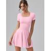 imageOQQ Womens Square Neck Ruffle Hem Mini Dress Summer Short Sleeve with Shorts Party DressesPink Cherry Blossom