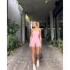 imageOQQ Womens Tube Rompers Summer Strapless Basic Sleeveless Ruched Stretch ClassicFit Sexy Rompers 2025Pink Cherry Blossom