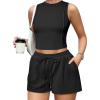 imageOQQ Two Piece Sets for Women Summer Outfits Lounge Sets Crew Neck Tops Wide Leg Shorts Vacation TravelBlack