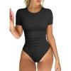 imageOQQ Womens Crew Neck Short Sleeve Bodysuit Ruched Stretch Vacation Basic for Tops Spring ampamp SummerBlack