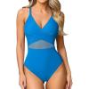 imageOQQ Womens One Piece Swimsuits Hollow Out High Waisted Bathing Suit Mesh Splice 1 Piece SwimwearBlue