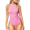 imageOQQ Womens One Piece Swimsuits Tummy Control High Waisted Cross Bathing Suit Wrap Tie Back 1 Piece SwimwearFluo Pink