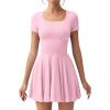 imageOQQ Womens Square Neck Ruffle Hem Mini Dress Summer Short Sleeve with Shorts Party DressesPink Cherry Blossom