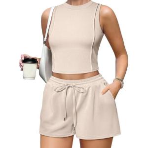 imageOQQ Two Piece Sets for Women Summer Outfits Lounge Sets Crew Neck Tops Wide Leg Shorts Vacation TravelApricot