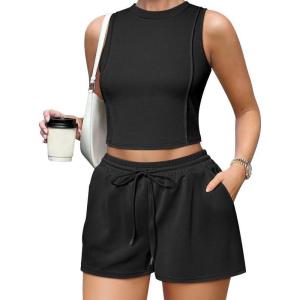 imageOQQ Two Piece Sets for Women Summer Outfits Lounge Sets Crew Neck Tops Wide Leg Shorts Vacation TravelBlack