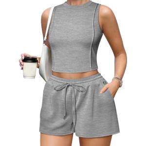 imageOQQ Two Piece Sets for Women Summer Outfits Lounge Sets Crew Neck Tops Wide Leg Shorts Vacation TravelHeather Grey