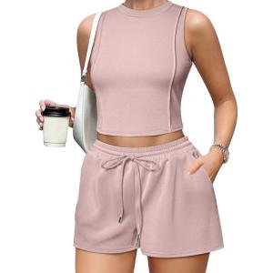 imageOQQ Two Piece Sets for Women Summer Outfits Lounge Sets Crew Neck Tops Wide Leg Shorts Vacation TravelPink Lotus Root