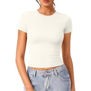 imageOQQ Women Short Sleeve Crewneck Fit Shirts Basic Tee Tops 2025 Casual TShirt Going Out Workout OutfitsBeige