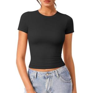 imageOQQ Women Short Sleeve Crewneck Fit Shirts Basic Tee Tops 2025 Casual TShirt Going Out Workout OutfitsBlack