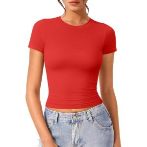imageOQQ Women Short Sleeve Crewneck Fit Shirts Basic Tee Tops 2025 Casual TShirt Going Out Workout OutfitsRed