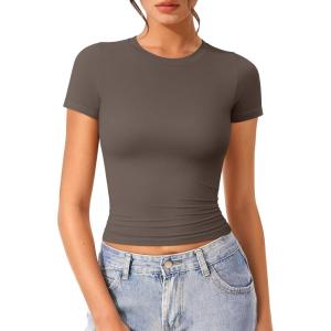 imageOQQ Women Short Sleeve Crewneck Fit Shirts Basic Tee Tops 2025 Casual TShirt Going Out Workout OutfitsTea Leaf