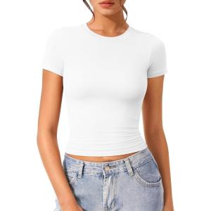 imageOQQ Women Short Sleeve Crewneck Fit Shirts Basic Tee Tops 2025 Casual TShirt Going Out Workout OutfitsWhite