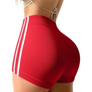 imageOQQ Women Workout Shorts Tummy Control Side Stripes Gym Yoga Seamless Active ShortsRed