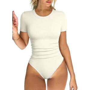 imageOQQ Womens Crew Neck Short Sleeve Bodysuit Ruched Stretch Vacation Basic for Tops Spring ampamp SummerBeige