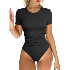 imageOQQ Womens Crew Neck Short Sleeve Bodysuit Ruched Stretch Vacation Basic for Tops Spring ampamp SummerBlack
