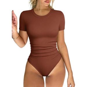 imageOQQ Womens Crew Neck Short Sleeve Bodysuit Ruched Stretch Vacation Basic for Tops Spring ampamp SummerCaramel