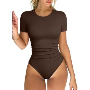 imageOQQ Womens Crew Neck Short Sleeve Bodysuit Ruched Stretch Vacation Basic for Tops Spring ampamp SummerDarkbrown