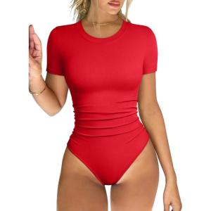 imageOQQ Womens Crew Neck Short Sleeve Bodysuit Ruched Stretch Vacation Basic for Tops Spring ampamp SummerRed