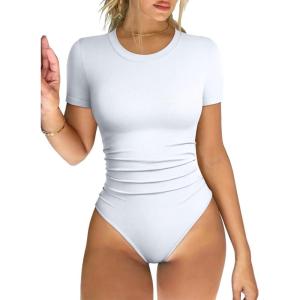 imageOQQ Womens Crew Neck Short Sleeve Bodysuit Ruched Stretch Vacation Basic for Tops Spring ampamp SummerWhite