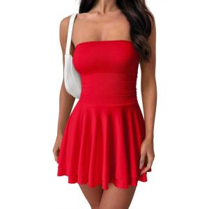 imageOQQ Womens Mini Dress Summer Cocktail Tube Ruched Waist Ruffle Corset Party Aline DressesRed