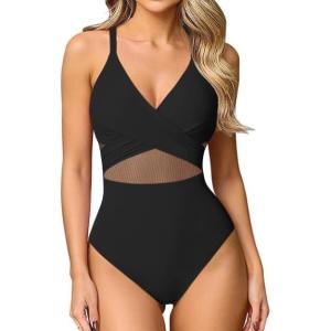 imageOQQ Womens One Piece Swimsuits Hollow Out High Waisted Bathing Suit Mesh Splice 1 Piece SwimwearBlack