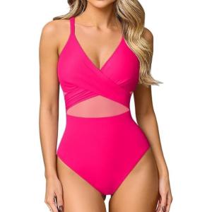 imageOQQ Womens One Piece Swimsuits Hollow Out High Waisted Bathing Suit Mesh Splice 1 Piece SwimwearFluopink