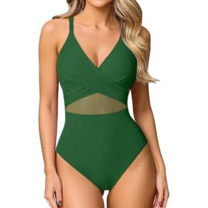 imageOQQ Womens One Piece Swimsuits Hollow Out High Waisted Bathing Suit Mesh Splice 1 Piece SwimwearGreen