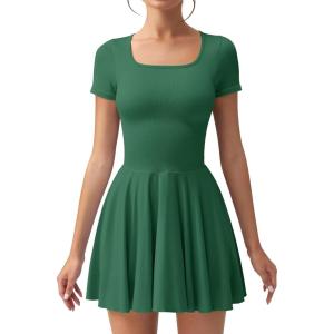 imageOQQ Womens Square Neck Ruffle Hem Mini Dress Summer Short Sleeve with Shorts Party DressesJungle Green