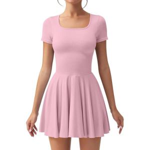 imageOQQ Womens Square Neck Ruffle Hem Mini Dress Summer Short Sleeve with Shorts Party DressesPink Beanpaste