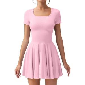 imageOQQ Womens Square Neck Ruffle Hem Mini Dress Summer Short Sleeve with Shorts Party DressesPink Cherry Blossom