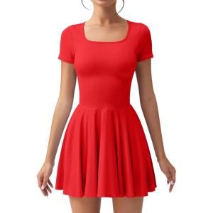 imageOQQ Womens Square Neck Ruffle Hem Mini Dress Summer Short Sleeve with Shorts Party DressesRed