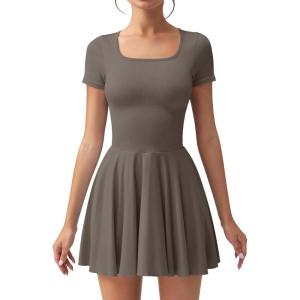imageOQQ Womens Square Neck Ruffle Hem Mini Dress Summer Short Sleeve with Shorts Party DressesTea Leaf