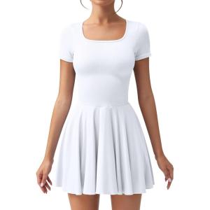 imageOQQ Womens Square Neck Ruffle Hem Mini Dress Summer Short Sleeve with Shorts Party DressesWhite