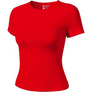 imageOQQ Womens T Shirt Summer Tops Crew Neck Short Sleeve Fashion Basic Tee Vacation Clothes 2025 ShirtsRed